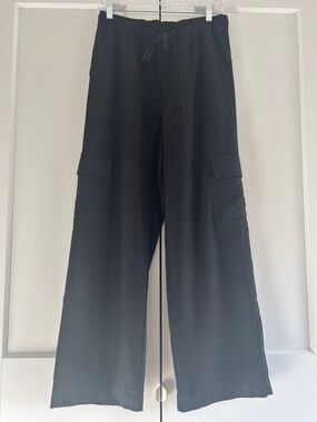 GAP Black Elastic Waist Wide-Leg Cargo Linen Blend Pants